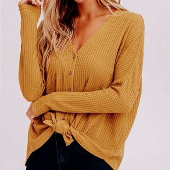 Wishlist Tops - Wishlist • Mustard Waffle Knit Front Tie Thermal